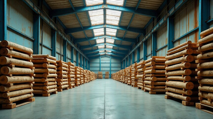 Timber storage facility featuring exposed steel beams, skylights, polished concrete flooring, and meticulously arranged logs in an industrial setting