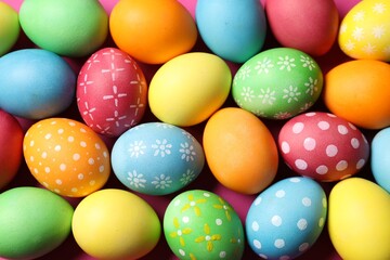 Beautiful decorated Easter eggs on pink background, flat lay