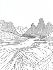 Fototapeta premium Linear Mountain Valley Landscape - Abstract line art drawing of a mountainous valley, featuring flowing lines and a serene atmosphere. Perfect for nature-themed designs