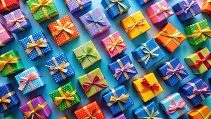 A Colorful Collection of Wrapped Gifts Arranged in a Symmetrical Pattern on a Bright Blue Background