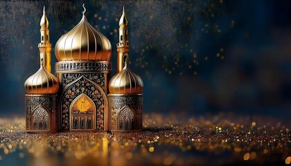 Obraz premium Elegant Ramadan Kareem Islamic Backgrounds with Lanterns, Crescent Moons, Mosques, and Ornate Gold Patterns - Perfect for Holy Month Festivities, Spiritual Designs, and Stock Photography
