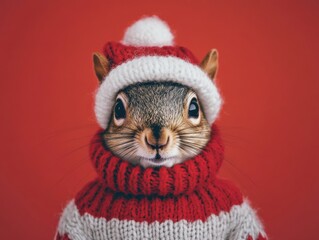 Squirrel wearing a Christmas hat and sweater.