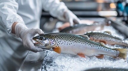 Obraz premium Packaging of freshly caught trout at a modern fish processing facility