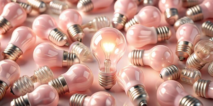 A single glowing light bulb stands out amongst a multitude of pink frosted light bulbs, symbolizing the power of unique ideas to illuminate and inspire