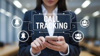 Woman using smartphone with call tracking digital interface overlay