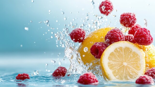 Cascading citrusy raspberries and lemon slices burst into splashes within tranquil water, conveying a sense of freshness and inviting summer nostalgia.