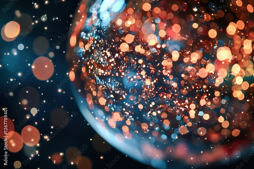 Poster an abstract image of bright sparkling lights on a dark background with bokeh effect, creating a magi