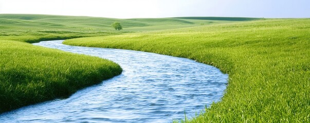 Flowing river landscape serene meadow natural environment wide angle tranquility and beauty