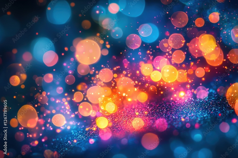 Poster an abstract background featuring colorful bokeh lights with a dreamy, festive atmosphere, with glowi