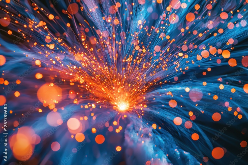 Poster abstract explosion of light and color, with a dynamic burst of orange energy emanating from a centra