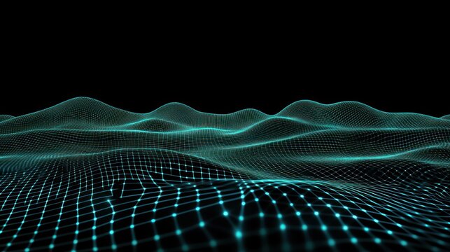 Abstract teal digital landscape, flowing grid network.