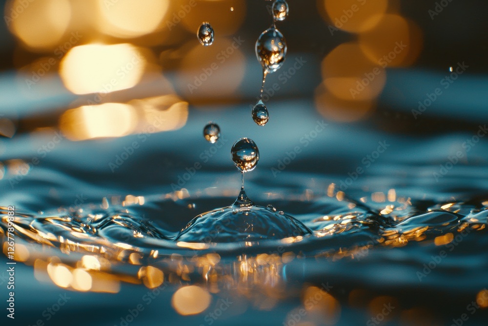 Aufkleber captivating macro shot of water droplets falling into a pool, creating ripples and splashes, illumin