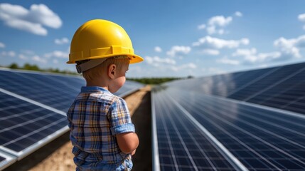 A young child in a yellow hard hat gazing at solar panels under a clear blue sky, representing the future of renewable energy and the importance of sustainability.