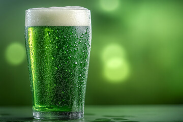 A close-up of a chilled glass of green beer with condensation droplets, set against a blurred green background on St Patricks Day
