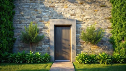 Fototapeta premium A wooden door set within a stone wall, flanked by green foliage, leading to a sunlit path
