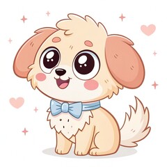 Fototapeta premium Cute Puppy Sitting, Bow Tie, Hearts Background, Digital Illustration, Childrens Book