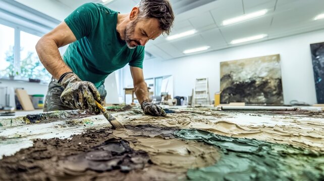 A focused artist skillfully working on a textured painting, blending earthy tones in a bright studio filled with natural light.