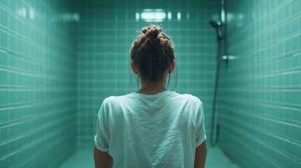 A young woman sits in a clean modern bathroom, highlighting the inner peace found in moments of solitude, the tranquility providing an escape from daily chaos.