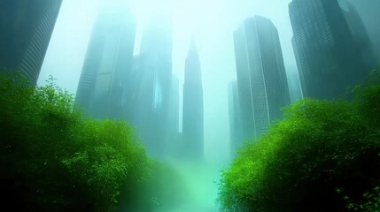 Misty urban landscape with towering skyscrapers and lush greenery.