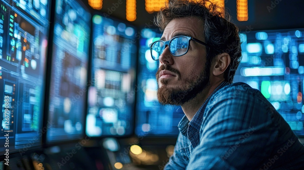 Poster a focused individual analyzes data on multiple screens, showcasing a high-tech environment with vibr