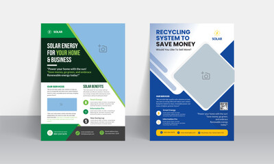 Green energy flyer templates and professional solar panel business poster layout design