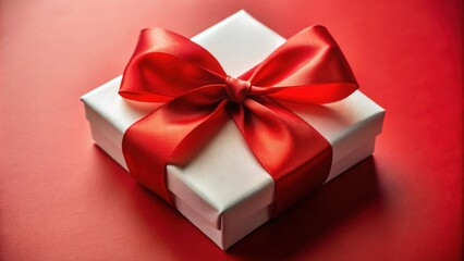 Obraz premium A White Gift Box Adorned with a Lush Red Satin Ribbon, Creating a Vibrant Contrast on a Deep Red Background