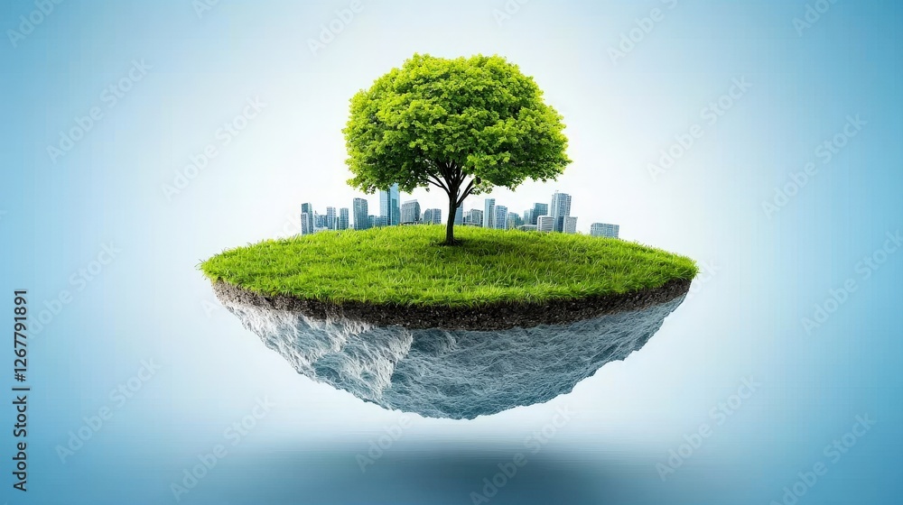 Poster a surreal scene featuring a floating island with a single tree and a city skyline in the background,