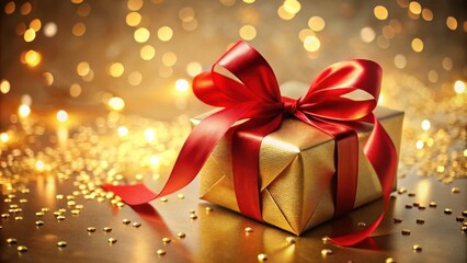 A golden gift box adorned with a vibrant red ribbon, resting amidst a sparkling backdrop of golden lights and confetti.