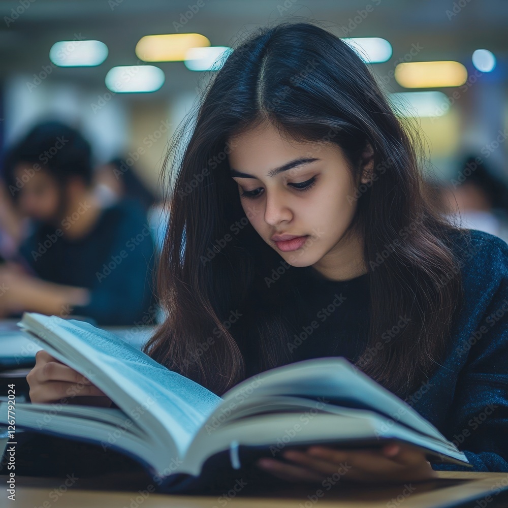Poster a focused student reads intently in a library, surrounded by soft lighting and fellow learners, embo