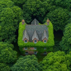 house covered in ivy surrounded by trees