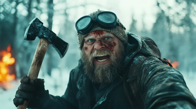 A rugged man with a fierce expression and axe stands amidst a frigid landscape, showcasing the stark contrast of human resilience against nature's harshness and beauty.