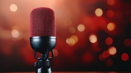 A close-up shot of a vibrant red microphone against a softly blurred, warm background, invoked with a festive mood and the anticipation of engaging performances and entertainment.