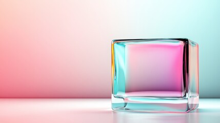 This minimalist glass cube elegantly reflects a gradient of colors, harmonizing beautifully with its soft, pastel backdrop to create an ethereal visual effect.