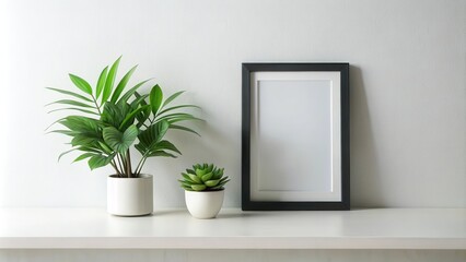 A Minimalist Interior Design Concept Featuring a Black Frame and Green Plants on a White Shelf