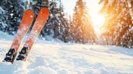 This breathtaking image features a pair of glistening orange skiis settled in pristine snow, highlighting the beauty of nature and winter sports amidst snowy trees.