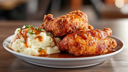 A mouthwatering serving of fried chicken with creamy mashed potatoes drizzled in gravy, showcasing a classic dish that's savory and comforting, perfect for any meal.