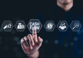 Cash flow management and financial growth concept. Businessman interacts with cash flow interface,...