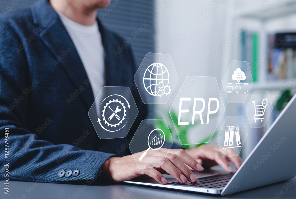Poster erp enterprise resource planning system concept. businessman using laptop with digital interface erp
