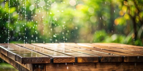 Fototapeta premium Close-up of a wooden table surface, wet from a gentle rain, with a soft-focus background of green foliage and glistening droplets.