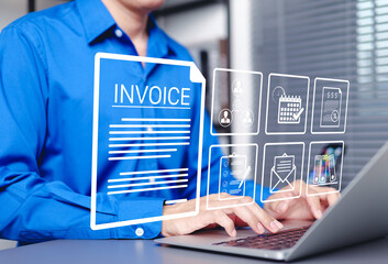 E-Invoice and online digital statements concept. Businessman working with invoice, financial icons, billing, payment processing, scheduling, tax management, modern e-invoicing, financial technology,