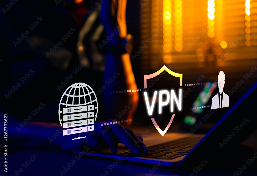 Poster vpn virtual private network. cybersecurity and data protection concept. man using laptop with glowin