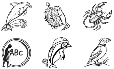 Black and White Stylized Animal Illustrations Dolphin, Puffin, Meerkat, Scorpion, Crab, and Detective Logo Design