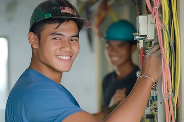 Young electrician students smiling while doing work practices, concept of vocational training