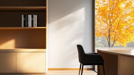 modern home office interior with bookcase and autumn view
