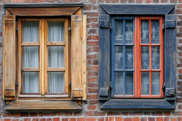 Fototapeta premium Old Wooden Windows in Brick Wall - Two antique windows with wooden shutters, one light brown and one blue and red, set in a red brick wall