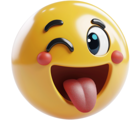 yellow smiley face with the tongue sticking out, 3D rendering, white background