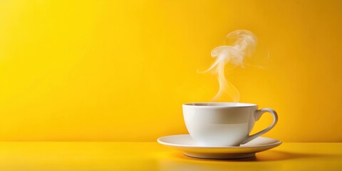 A steaming cup of coffee on a vibrant yellow surface, a simple yet inviting image that speaks of a cozy moment of relaxation and warmth.