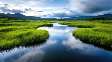 Obraz premium A meandering river winds through lush green tidal areas, offering a mesmerizing view that combines natural beauty with a sense of tranquility and exploration in nature.