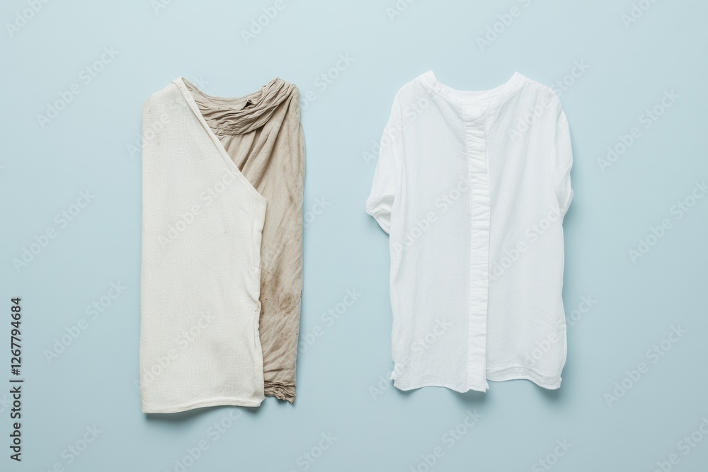 Aufkleber comparison of dirty and freshly laundered clothes on a light background with room for additional tex