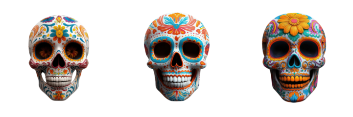 Colorful sugar skull display cultural celebration ideal for Cinco de Mayo on transparent background